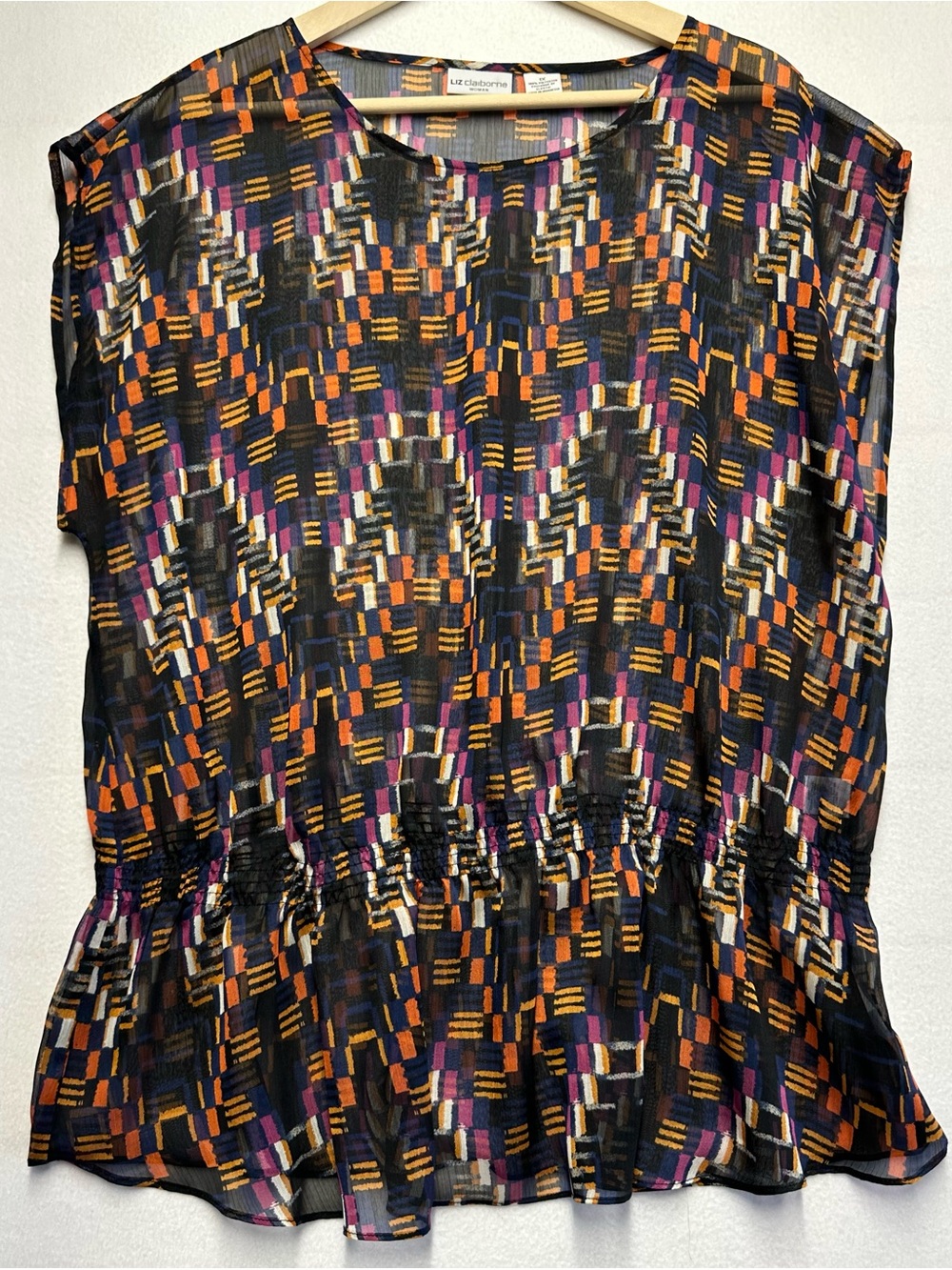 Liz Claiborne Woman 1X Sheer Geometric Print Peplum Blouse Multicolor